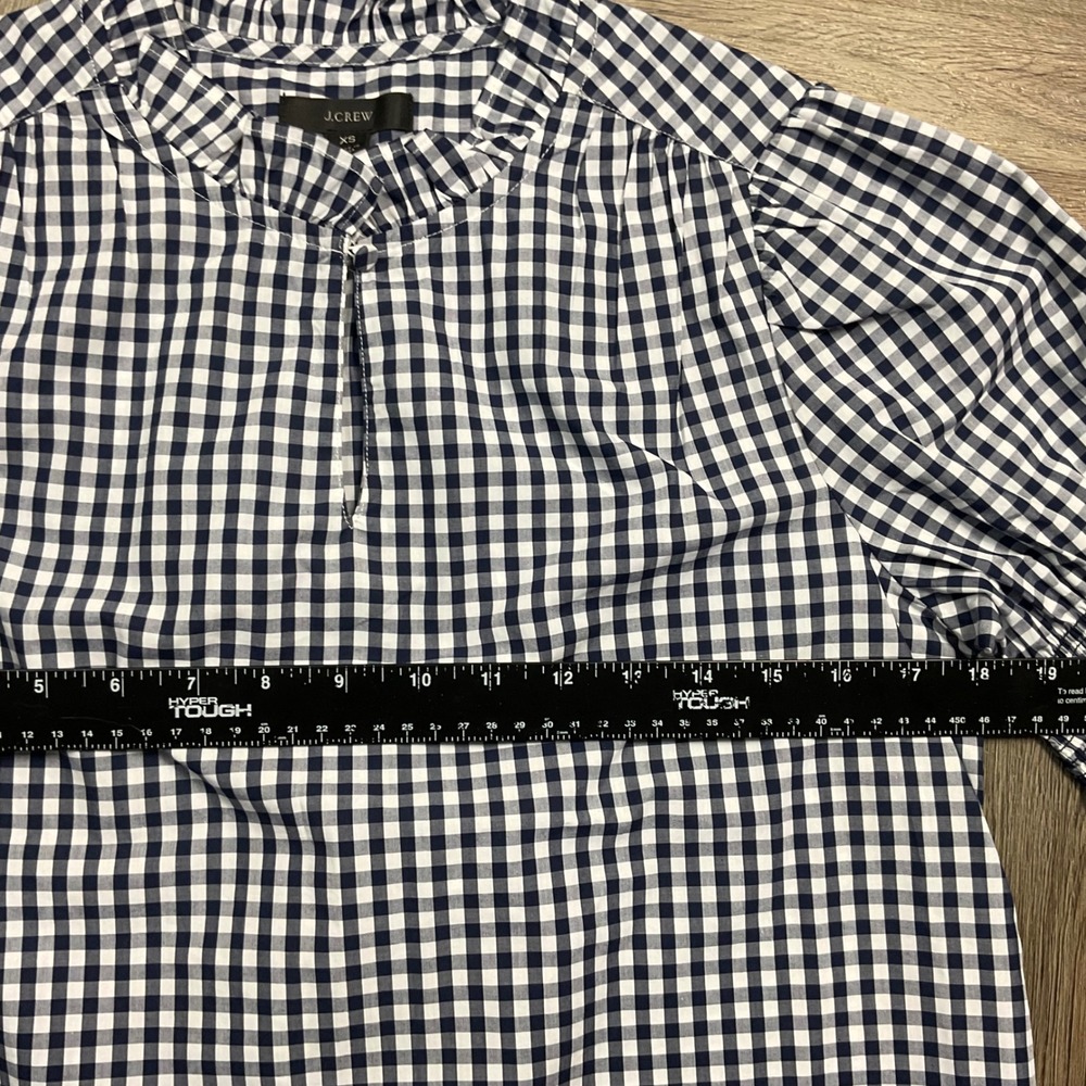 J Crew Gingham Ruffle Neck Puff Sleeve‎ Shirt Top Womens XS Navy White Preppy - Picture 5 of 6
